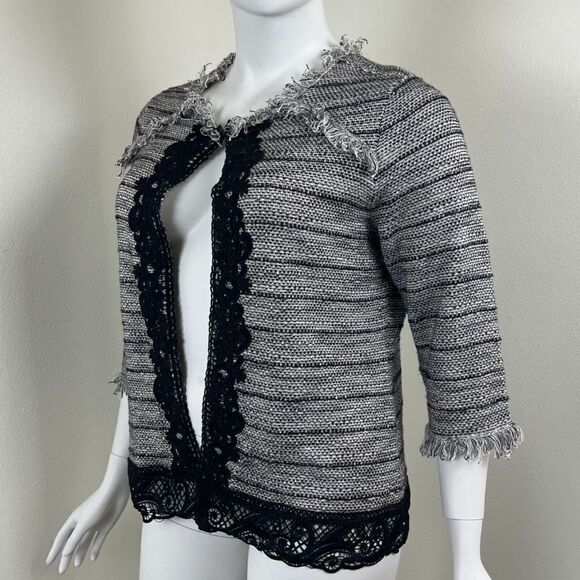 Chico's Womens Size 3 Black Gray Lace Tweed Fringe Cardigan Cotton Sweater - Picture 8 of 12